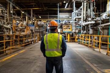 Poster - An engineer in safety gear stands in a factory, surveying the industrial environment with machinery and piping in view. Generative AI