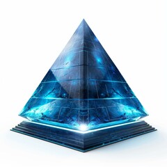Wall Mural - glowing blue futuristic pyramid emitting light from its base, isolated on a white background