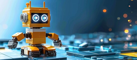 Toy Robot Posing on a Futuristic Platform