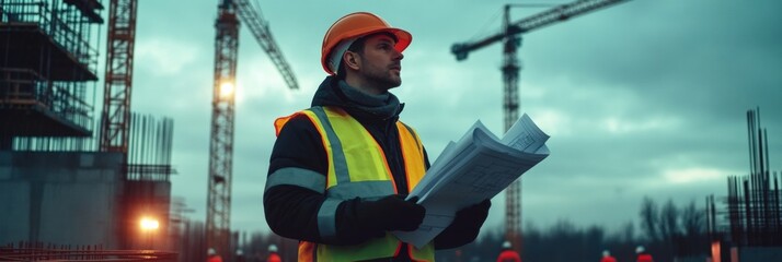Poster - An engineer stands on a construction site at dusk, holding blueprints while surveying the project surrounded by cranes and workers. Generative AI