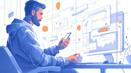 A man engaged in using technology at his desk, surrounded by digital graphics and interface elements, portraying modern tech use.