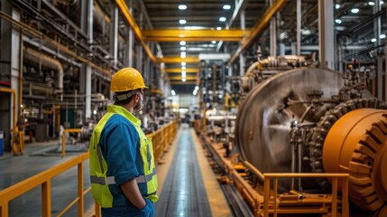 Aufkleber - An engineer in safety gear monitors large machinery and equipment within a bustling industrial factory during daytime hours. Generative AI