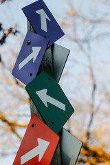 abstract multidirectional arrows trail road sign instructions conflicting confusion metaphor path decisions business life perspective background