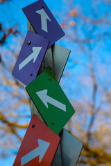 abstract multidirectional arrows trail road sign instructions conflicting confusion metaphor path decisions business life at a crossroads background
