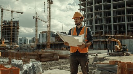 Poster - Engineer stands confidently on the construction site reviewing blueprints, surrounded by cranes and building structures on a cloudy day. Generative AI