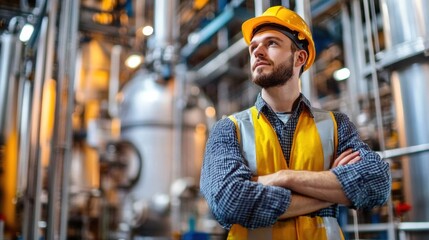 Fototapete - A confident engineer stands with crossed arms in a bustling industrial factory, observing machinery and processes around him during daytime. Generative AI