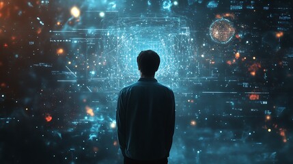 Wall Mural - person observing futuristic holographic data display