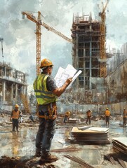 Fototapete - An engineer closely examines blueprints while standing at a bustling construction site surrounded by workers and cranes during the day. Generative AI