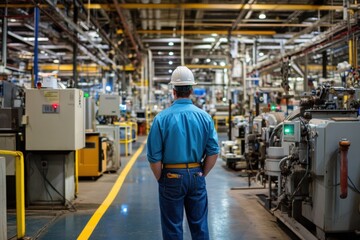 Leinwandbilder - An engineer observes machinery and processes in an expansive industrial factory setting, focusing on efficiency and safety. Generative AI