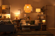 © Pixel-Shot - Interior of living room with sofas, coffee table and glowing lamps