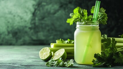 Poster - Celery juice in a glass jar with a straw, surrounded by fresh celery leaves and lime wedges