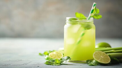 Poster - Celery juice in a glass jar with a straw, surrounded by fresh celery leaves and lime wedges