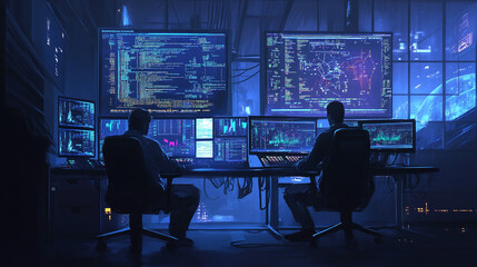 Programmers Working Late Night  Futuristic Office  Coding  Data Analysis  Cybersecurity  T