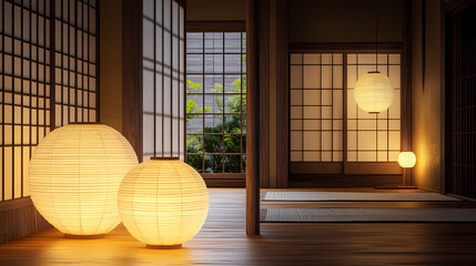 Canvas Print - Warm light illuminates a traditional japanese room with wooden floors, paper lanterns, and a cozy tatami mat, creating a serene and peaceful atmosphere. Illuminated Paper Lanterns. Illustration