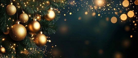 Wall Mural - A holiday scene with green fir branches and glowing bokeh lights.