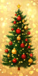 © LK  - Christmas tree with gold lights and red ornaments full size. Christmas tree on flat background. Christmas and New Year concept.