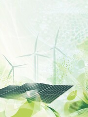 Aufkleber - Solar panels and wind turbines generate clean energy in a serene landscape adorned with abstract green patterns, emphasizing sustainability. Generative AI