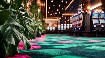 A luxurious casino interior showcases vibrant carpets and tropical plants, offering an ambiance of opulence and elegance typical of contemporary gaming spaces.