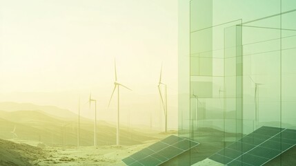 Poster - Solar panels and wind turbines against a minimalist backdrop showcase renewable energy's bright future with abstract green designs. Generative AI