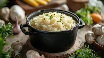 Wall Mural - Hearty sauerkraut stew served in a cast iron pot surrounded by fresh ingredients presenting a rustic meal