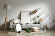 © Pixel-Shot - Interior of messy room with grey sofa and overturned furniture after earthquake