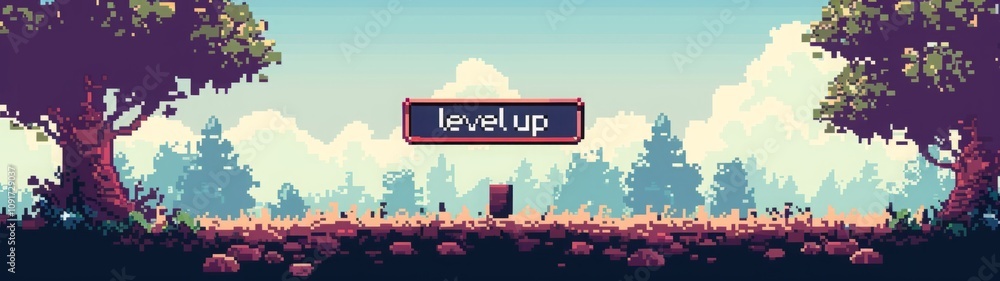 Pixel art level up text with scenic forest background. Retro game ...