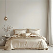 © gogu - King size bed with champagne color silk satin bet set Minimalistic room Picture taken from the front of the bed