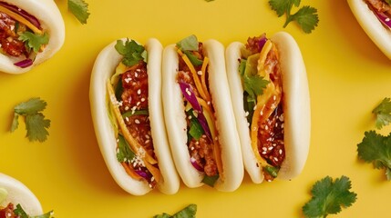 Wall Mural - Bao buns filled with savory pork and vegetables showcased on yellow background