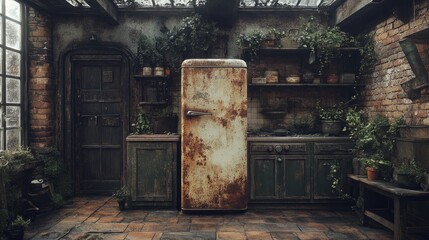 A cozy kitchen filled with rustic charm, featuring a vintage fridge and shelves adorned with flourishing green plants, all illuminated by soft, natural light