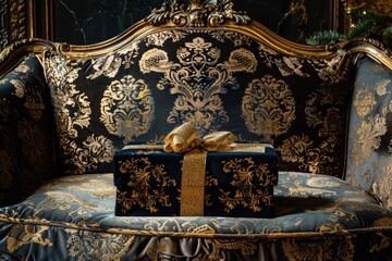 Wall Mural - Luxurious Gold Foil Gift Box on Plush Velvet Cushion for Premium Brand Presentation