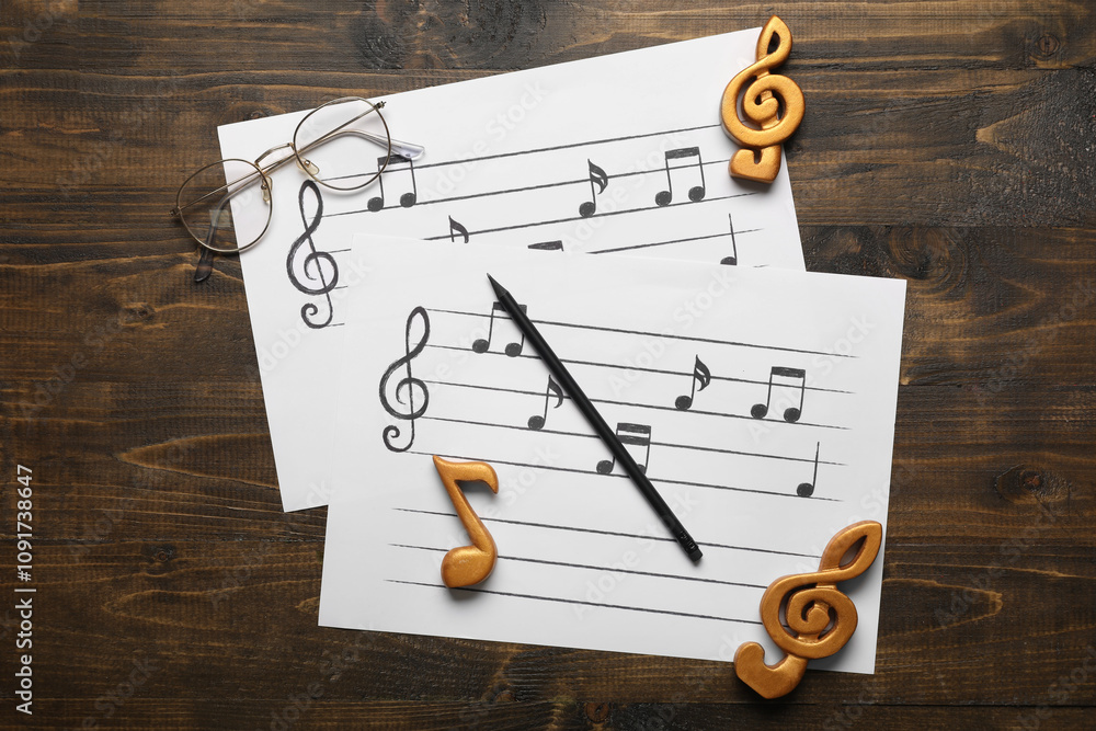 Composition with music sheets, eyeglasses, pencil and note signs on wooden background