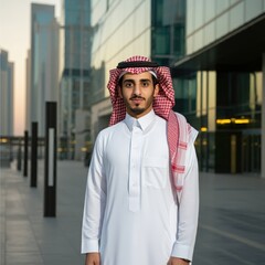 Wall Mural - Professional Young Saudi Man in Traditional Attire in Modern Cityscape