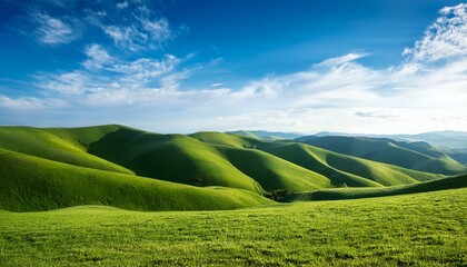 Wall Mural - green hills and blue sky scene, AI generated