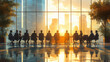 © Pickoloh - A Group executive meeting at sunset, featuring business professionals in a modern conference room with large windows and a city skyline view. Background meeting or brainstorming in a boardroom
