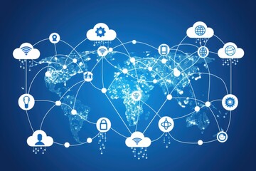 Wall Mural - a digital illustration showing a global network with cloud computing symbols, interconnected by line