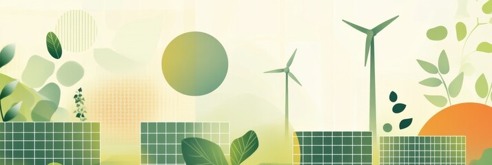 Poster - Solar panels and wind turbines are featured prominently against a minimalistic green backdrop, highlighting sustainable energy practices. Generative AI