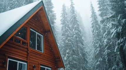 Poster - Cozy cabin nestled in a snowy forest landscape, AI