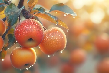 Poster - Fresh Apples with Morning Dew Hanging on Branch in Sunlit Garden : Generative AI