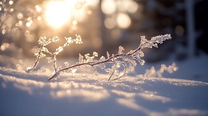 Poster - Sunlit Winter Branches with Frost in Serene Snowy Landscape : Generative AI