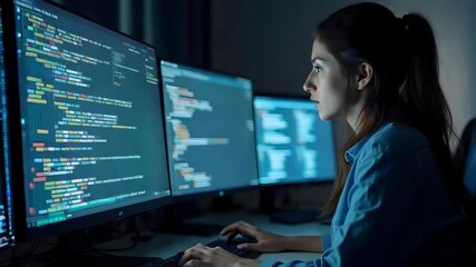 Female Software Developer Working Late on Computer Monitors with Code