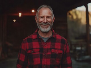 Poster - Happy mature man in a red plaid shirt. AI.