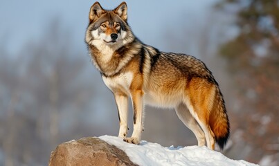 Wall Mural - Majestic wolf standing on a snow-covered rock. AI.