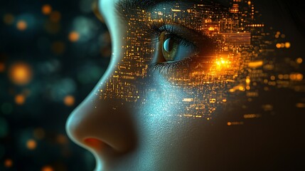 Fototapete - Futuristic Eye with Illuminated Digital Circuits in Dark Background : Generative AI