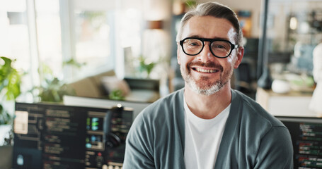 Aufkleber - Man, programmer and glasses in agency for portrait, web development or software engineering on screen. Mature coder, happy or tech in office for cybersecurity, programming or smile for startup growth