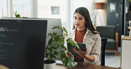 Wall Mural - code, business woman and engineer on tablet for software development, scroll database or online upda