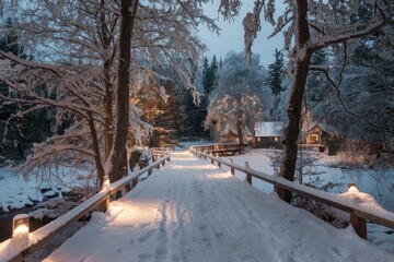 Wall Mural - Snowy bridge leading to cozy illuminated houses in winter wonderland