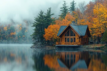 Wall Mural - Wooden cabin reflecting on a misty lake during fall foliage