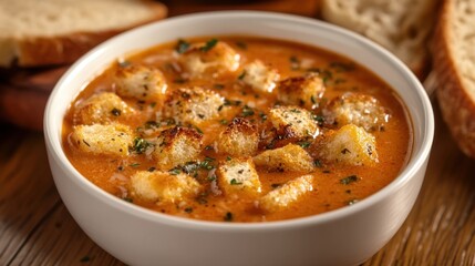 Wall Mural - Bowl of creamy tomato soup with croutons and herbs served with a side of bread