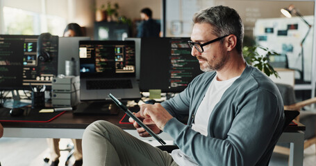 Aufkleber - Programmer, businessman and manager research on tablet for software development, scroll or online update. Code, digital technology and mature engineer design ui, website and app in creative startup