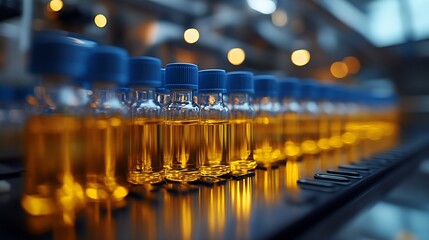 Poster - Modern automated laboratory vial production line with glowing orange illumination : Generative AI